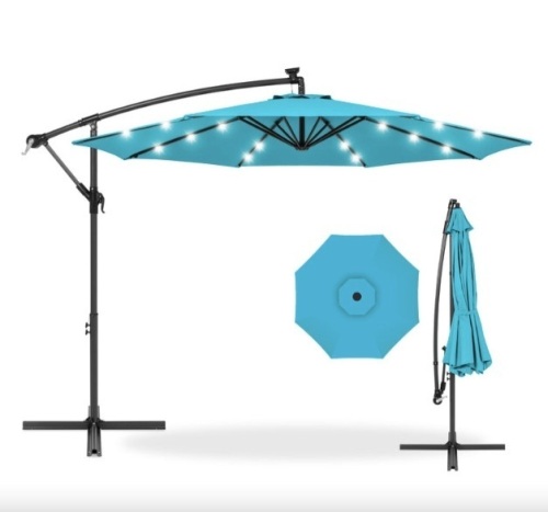 Solar LED Offset Hanging Patio Umbrella w/ Crank Tilt Adjustment - 10ft - Lot 378