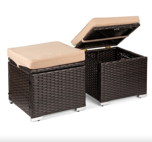Set of 2 Wicker Ottomans, Multipurpose w/ Removable Cushions, Steel Frame - Lot 387