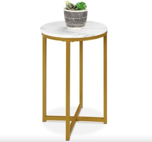 Round Coffee Side Table w/ Faux Marble Top, Metal Frame - 16in - Lot 393