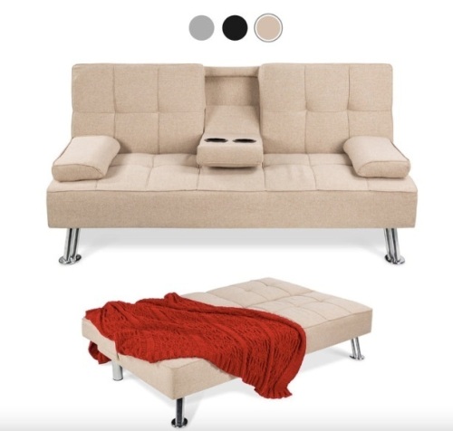 Linen Upholstered Convertible Sofa Bed Futon w/ 2 Cupholders - Lot 418