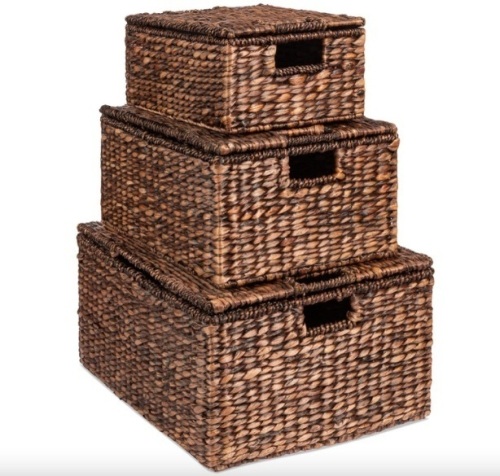 Set of 3 Large Hyacinth Storage Baskets w/ Handles, Lid - 21", 20", 18" - Lot 420