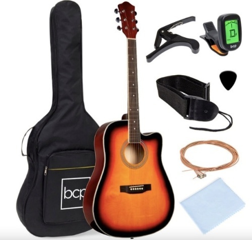 Full Size Beginner Acoustic Guitar Set with Case, Strap, Capo - 41in - Lot 425