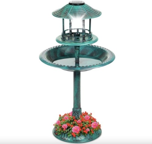 Solar Lighted Outdoor Pedestal Bird Bath w/ Planter, Decorative Bird Cage - Lot 429
