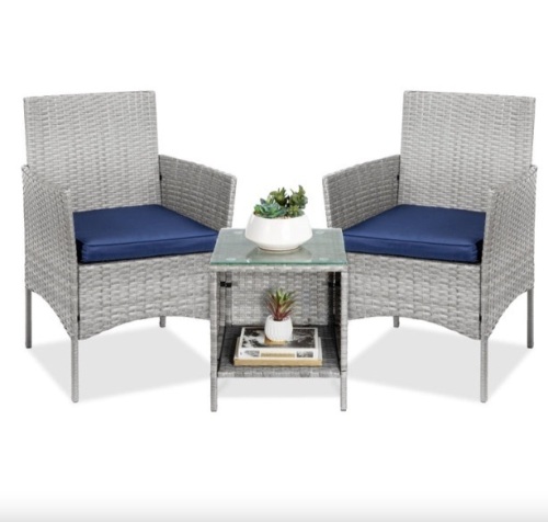 3-Piece Outdoor Patio Wicker Bistro Set w/ Side Storage Table - Lot 435