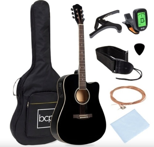 41in Beginner Acoustic Electric Cutaway Guitar Set w/ Case, Strap - Lot 442