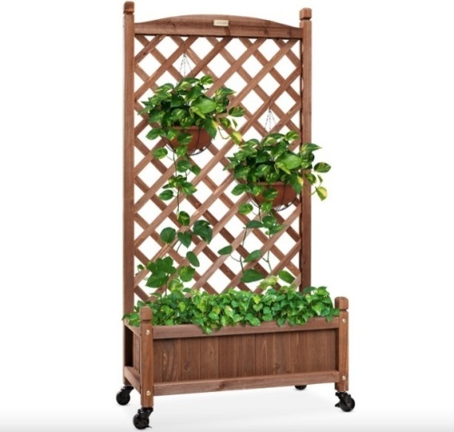 Wood Planter Box & Lattice Trellis w/ Drainage, Optional Wheels - 48in - Lot 471