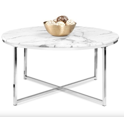 Round Coffee Table w/ Faux Marble Top, Metal Frame - 36in - Lot 477