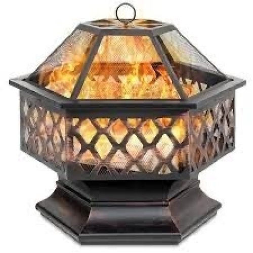 Hex-Shaped Outdoor Fire Pit w/ Flame-Retardant Lid - 24in - Lot 2511