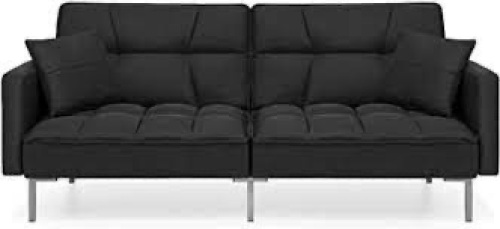Convertible Linen Tufted Futon w/ 2 Plush Pillows, Split-Back Design - Lot 2520