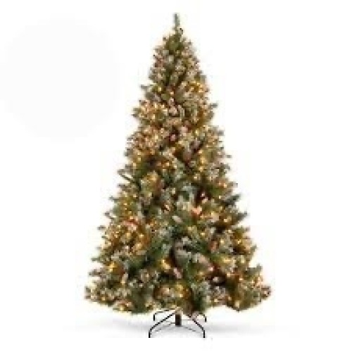 Pre-Lit Christmas Pine Tree w/ Pine Cones, Flocked Branch Tips, Berries - Lot 2574