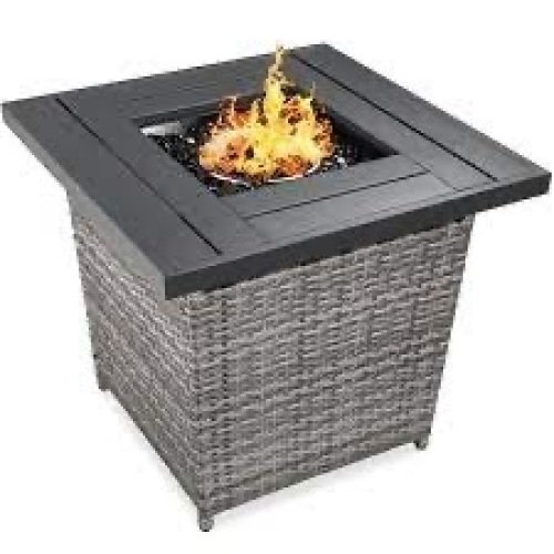 28in Fire Pit Table 50,000 BTU Wicker Propane w/ Faux Wood Tabletop, Cover - Lot 2609