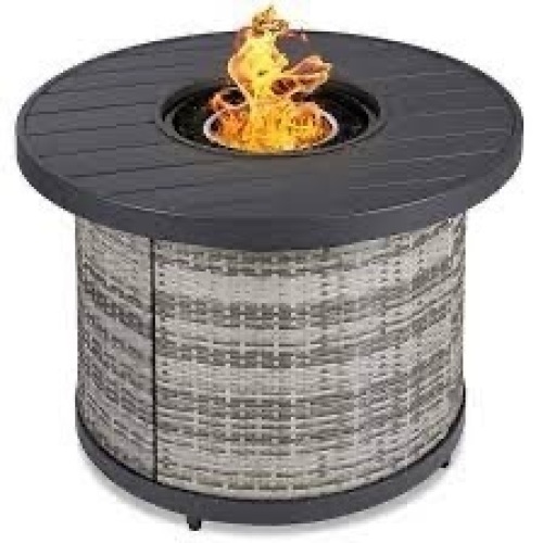 Round Fire Pit Table, 50,000 BTU Outdoor Wicker Firepit w/ Cover - 32in - Lot 2625