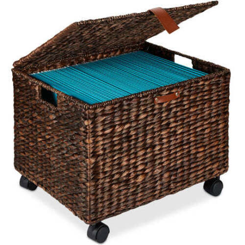 Mobile Water Hyacinth Rolling Filing Cabinet Storage Basket w/ Lid, Wheels - Lot 3153