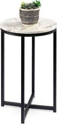 Round Coffee Side Table w/ Faux Marble Top, Metal Frame - 16in - Lot 3648