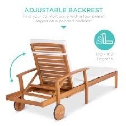 Adjustable Acacia Wood Chaise Lounge Chair w/ Side Table, Wheels - 79x26in - Lot 3656