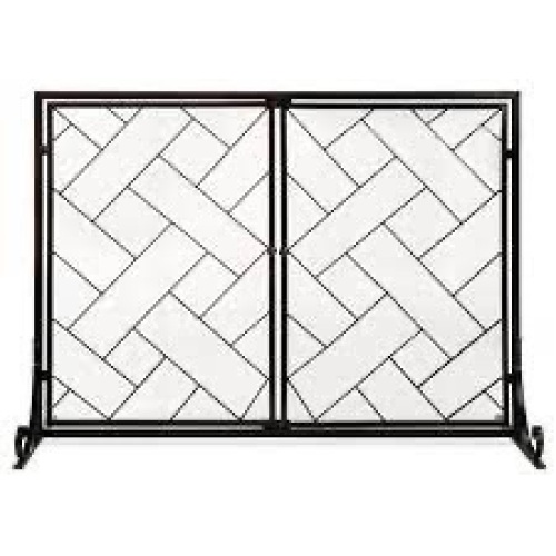 2-Panel Wrought Iron Geometric Fireplace Screen w/ Magnetic Doors - 44x33in - Lot 2143