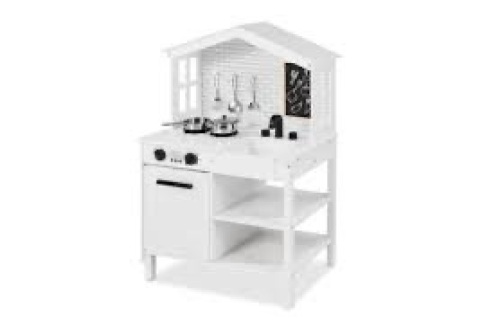 Kids Farmhouse Play Kitchen w/ Chalkboard, Storage Shelves, 5 Accessories - Lot 3738