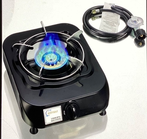 Horynar Single Burner Propane Stove with Propane AdapterHose 13000 BTU Single Propane Burner Smart SwitchProtection for Children. Portable Stove Propane BurnerUnique Body Integrated Design, Like New, Retail - $69.96 - Lot 10