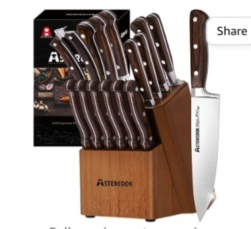 Knife Set, 15 Pcs Kitchen Knife Set With Block, Astercook German Stainless Steel With Scissors, Knife Sharpener and 6 Serrated Steak Knives, Like New, Retail - $63.98 - Lot 29