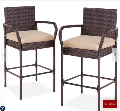 Set of 2 Indoor Outdoor Wicker Bar Stools w/ Cushion, Footrests, Armrests, Like New, Retail - $189.99 - Lot 89