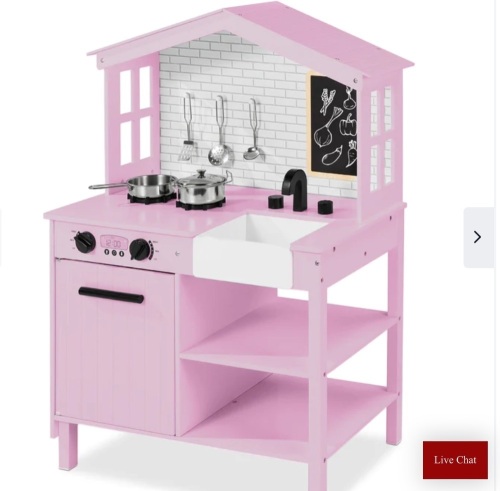 Kids Farmhouse Play Kitchen w/ Chalkboard, Storage Shelves, 5 Accessories, Like New, Retail - $69.99 - Lot 102