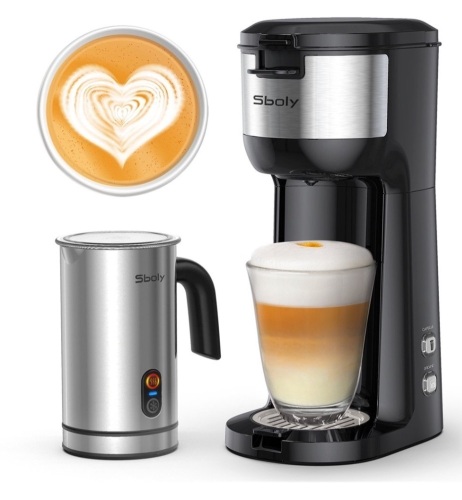 Sboly Single Serve Coffee Maker with Milk Frother Cappuccino and Latte Machine, Brew Size 6-14oz Black, Like New, retail - $46.99 - Lot 115