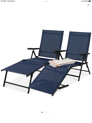 Best Choice Products Set of 2 Outdoor Patio Chaise LoungeChair Adjustable Folding Pool Lounger W/ Steel Frame - Navy, Like New, Retail - $199.99 - Lot 120