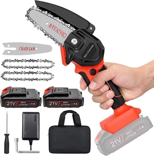 Mini Cordless Chainsaw Kit, Upgraded 4' One-Hand Handheld Electric Portable Chainsaw, 21V Rechargeable Battery Operated, for TreeTrimming and Branch Wood Cutting by New Huing, Like New, Retail - $59.99 - Lot 177