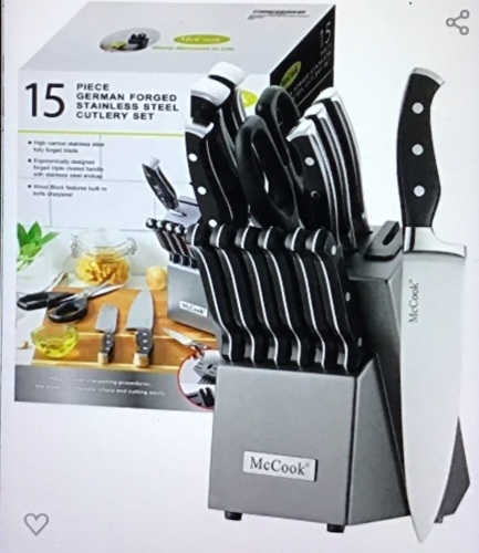 McCook® MC25A Knife Sets, 15 Pieces German Stainless SteelKitchen Knife Block Set with Built-in Sharpener, Like New, Retail - $49.98 - Lot 186