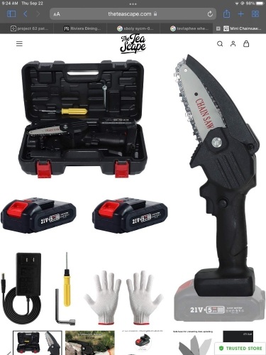 Mini Chainsaw Cordless, Tekchic 4 inch Portable ElectricHandheld Chain Saw 21V 2000mAh Battery-powered with2 Batteries for Wood Cutting and Tree Pruning, Like New, Retail - $67 - Lot 200
