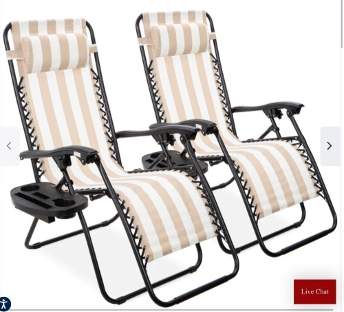 Set of 2 Adjustable Zero Gravity Patio Chair Recliners w/ Cup Holders, Tan/Stirped ,Like New, Retail - $119.99 - Lot 215