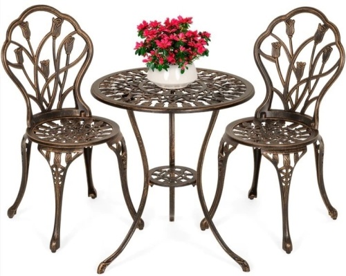 3-Piece Cast Aluminum Patio Bistro Furniture Set, Like New, Retail - $139.99 - Lot 238