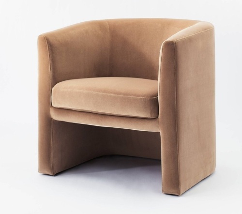Vernon Upholstered Barrel Accent Chair Light Brown VelvetThreshold designed with Studio McGee, Has Some Cosmetic Damage , Retail - $300 - Lot 313