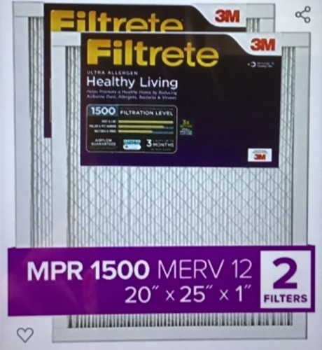 Filtrete 20x25x1, AC Furnace Air Filter, MPR 1500, HealthyLiving Ultra Allergen, 2-Pack (exact dimensions 19.719 x24.688 x0.78), Like New, Retail - $35.09 - Lot 316