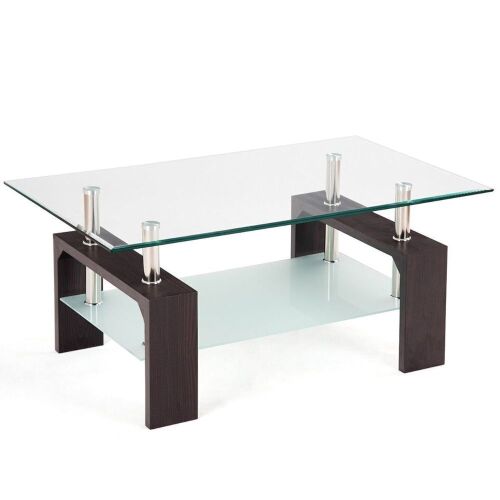 Tempered Glass Coffee Table with Shelf - Brown - Lot 95