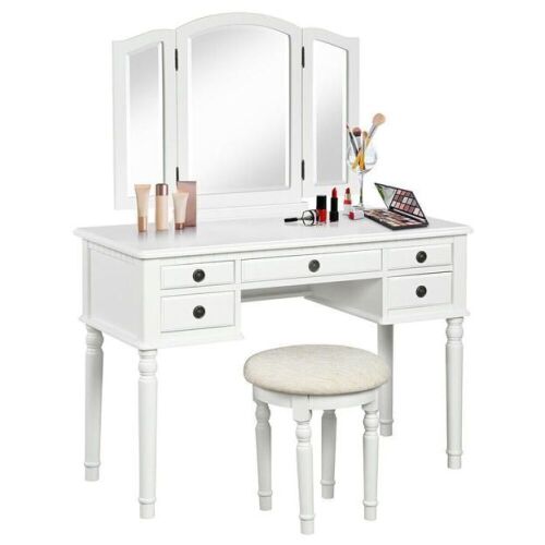 Tri-Fold Mirror Wooden Vanity Set Makeup Dressing Table with Stool and 5 Drawers - Lot 189