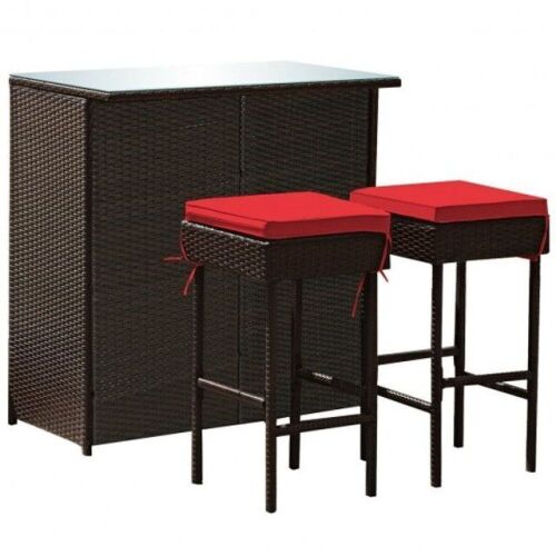 3 Piece Patio Rattan Wicker Bar Table & Stools Dining Set - Lot 177