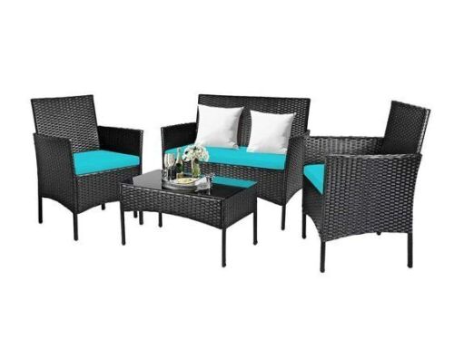 4-Piece Wicker Patio Conversation Set with Blue Cushions - Lot 192