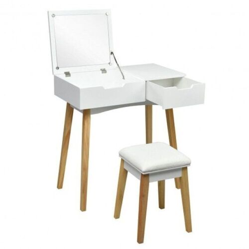 Vanity Makeup Table Cushioned Stool Set with Flip Top Mirror  - Lot 266