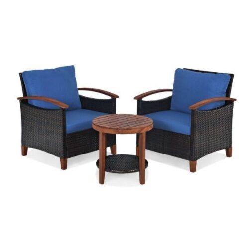 3-Pieces Solid Wood Patio Rattan Conversation Set with Blue Cushions  - Lot 267