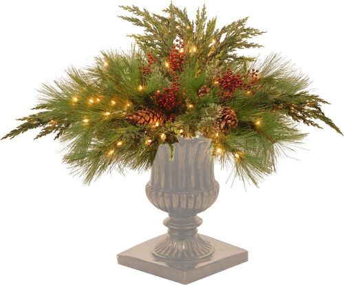National Tree Company Pre-lit Artificial Christmas Urn Filler, Flocked with Mixed Decorations and Pre-strung LED White Lights with Stand, 30 Inch  - Lot 538