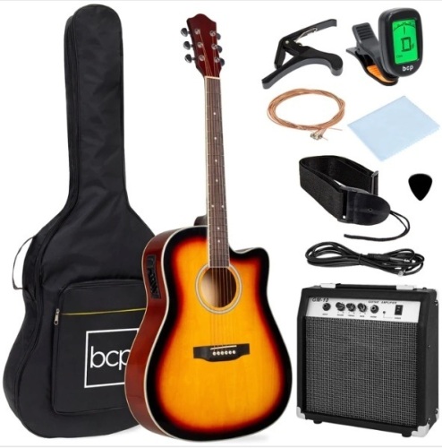 Beginner Acoustic Electric Cutaway Guitar Set w/ Case, Strap - 41in, Appears New/Box Damaged - Lot 246