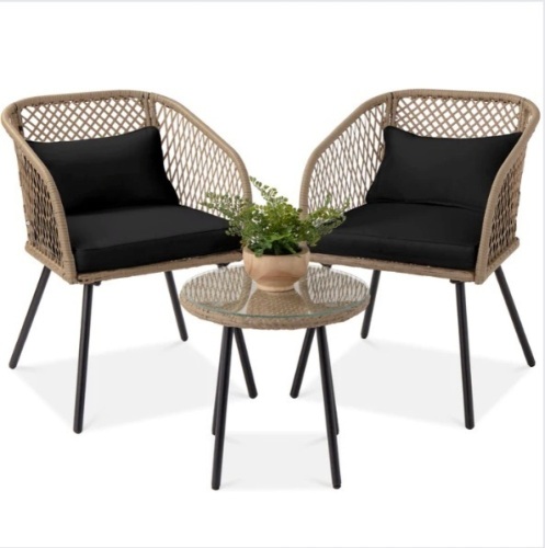 3-Piece Outdoor Diamond Weave Wicker Bistro Set w/ Tempered Glass Side Table, Appears New - Lot 266