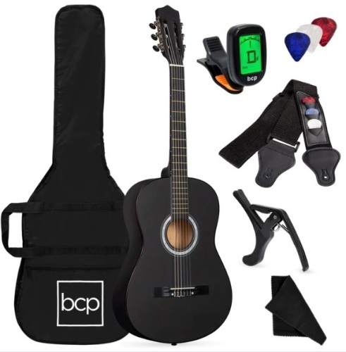 Beginner Acoustic Guitar Set w/ Case, Strap, Digital Tuner, Strings - 38in, Appears New - Lot 229