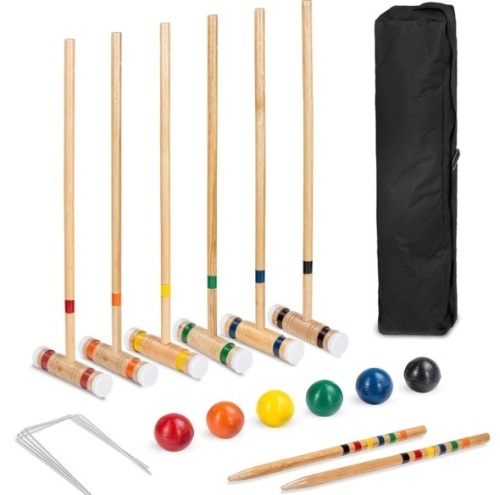 6-Player Wood Croquet Set w/ 6 Mallets, 6 Balls, Wickets, Stakes, Bag - 32in, Appears New - Lot 111