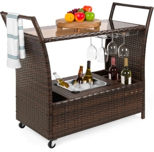 Wicker Serving Bar Cart w/ Wheels, Glass Counter, Ice Bucket, Appears New - Lot 142