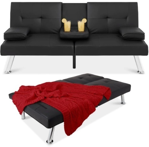 Faux Leather Upholstered Convertible Sofa Bed Futon w/ 2 Cupholders, Appears New/Box Damaged - Lot 148