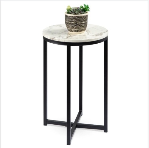 Round Coffee Side Table w/ Faux Marble Top, Metal Frame - 16in, Appears New - Lot 289