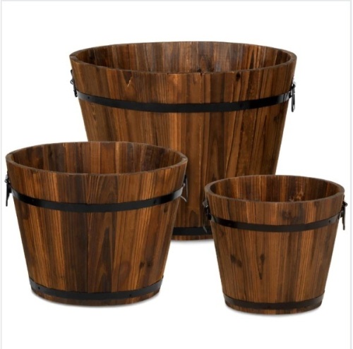 Set of 3 Rustic Wood Bucket Barrel Garden Planters Set w/ Drainage Holes, Appears New - Lot 294