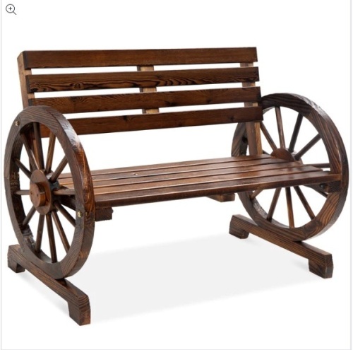 2-Person Rustic Wooden Wagon Wheel Bench w/ Slatted Seat and Backrest, Appears New - Lot 326